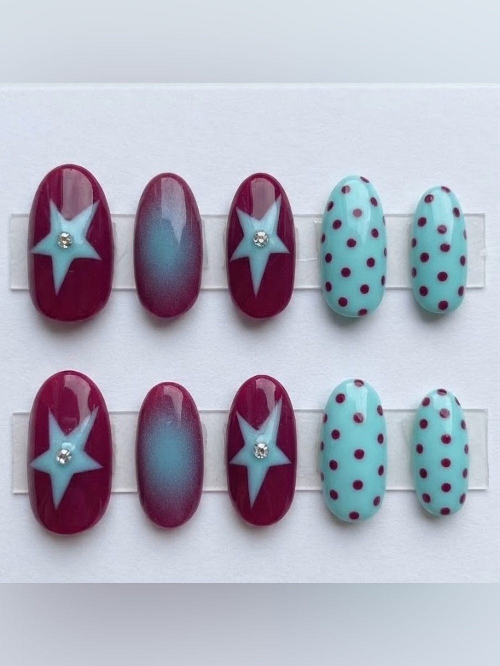 Aqua and Berry Star & Polka Dot Press-On Nails